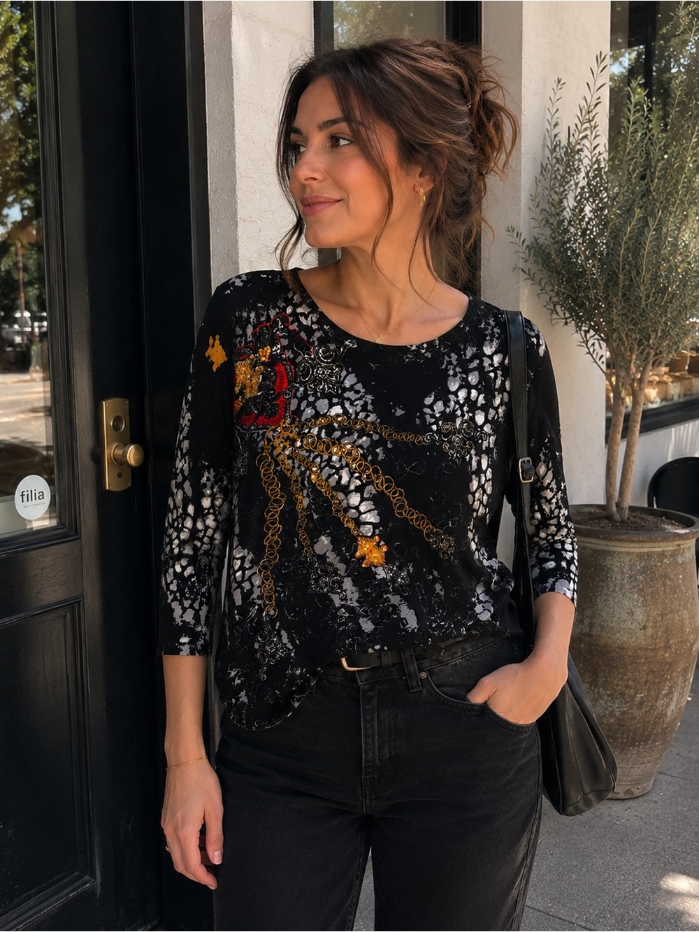 Embellished Abstract Knit Top – Artsy Boho Boutique Style Size L Petite